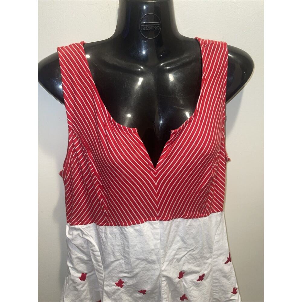 Eshakti Size L 14 Red White Stripe Bird Dress Full Flare Skirt Sleeveless Pocket - Picture 2 of 15